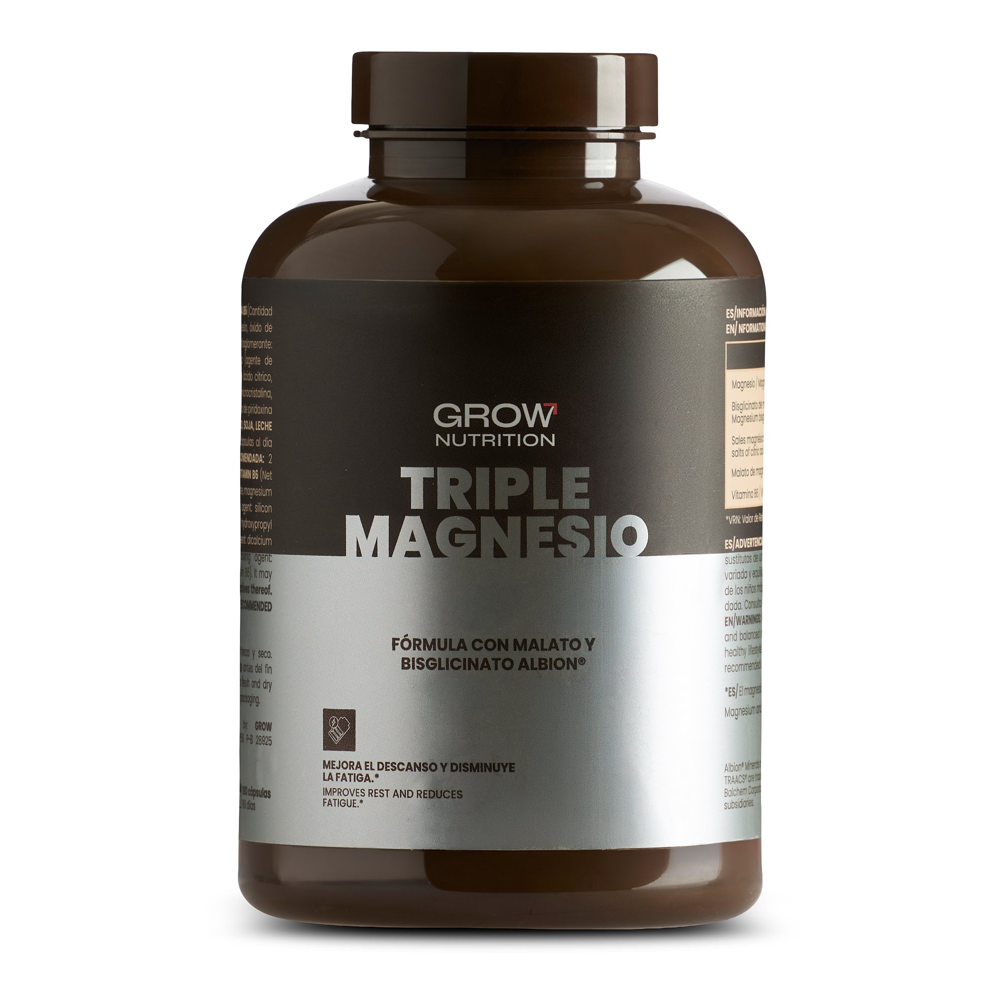 Bote grande de Triple Magnesio GROW Nutrition, 180 cápsulas