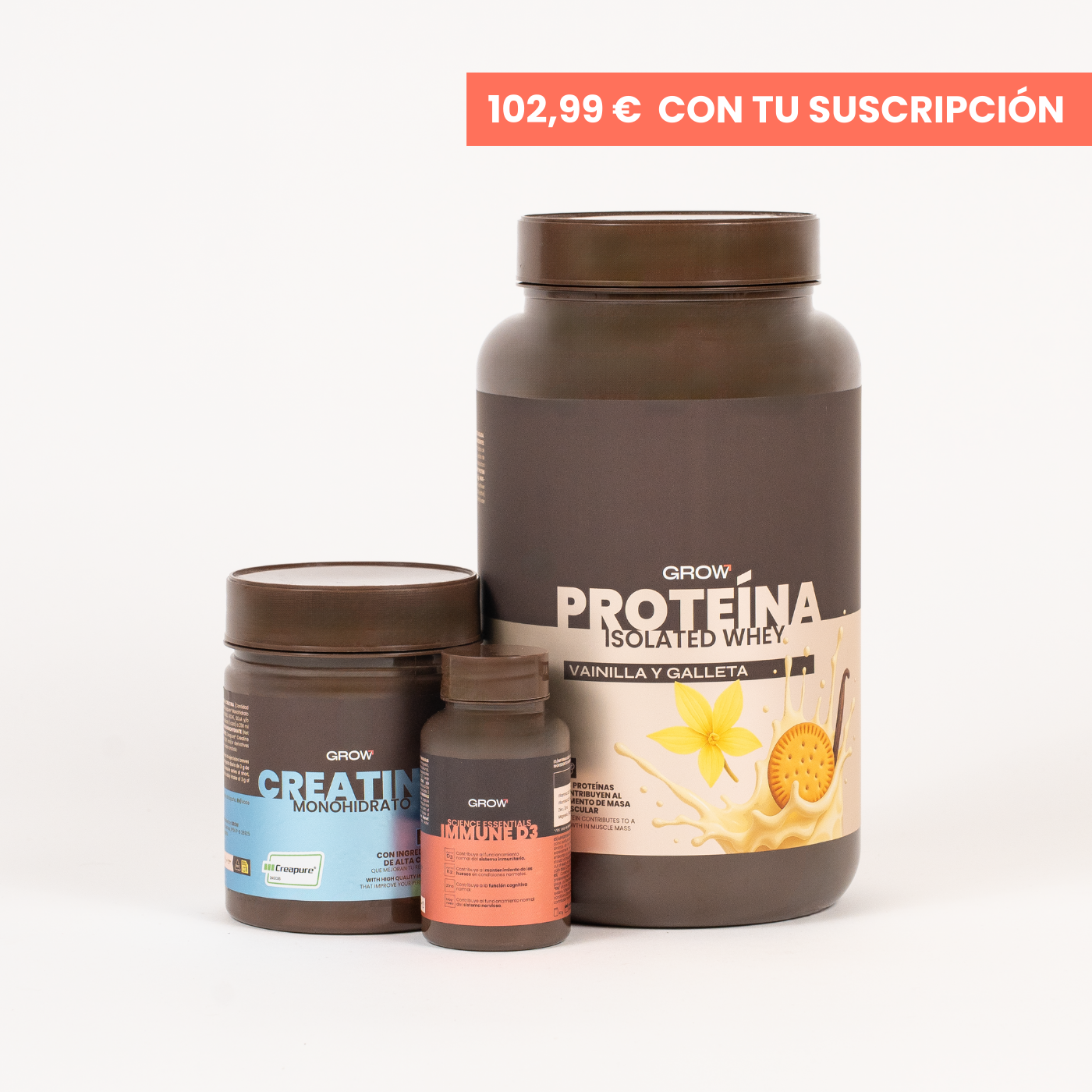 Pack proteína Vainilla y Galleta + Creatina + IMMUNE D3
